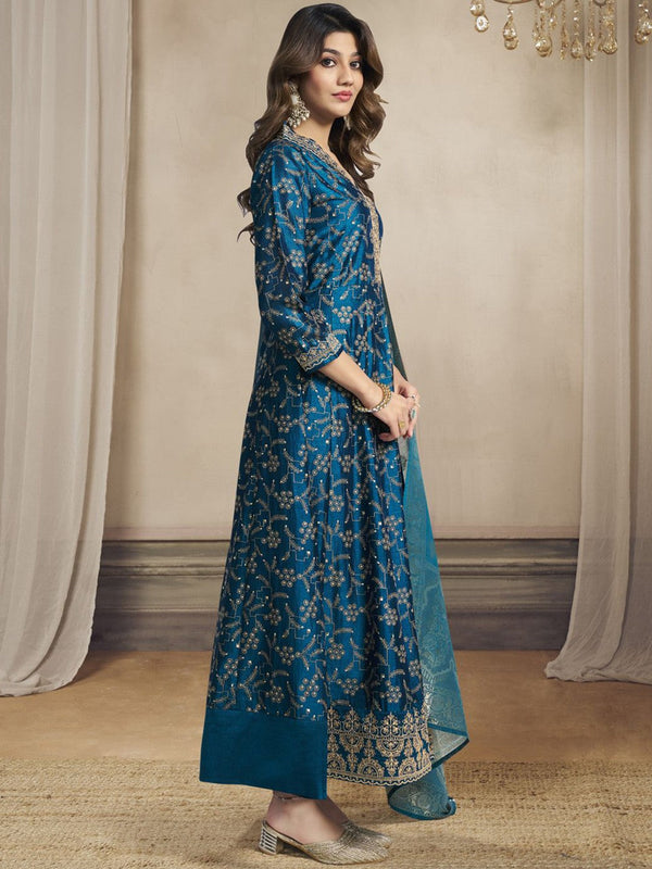 Blue Floral Embroidered V-Neck Anarkali Kurta With Trousers & Dupatta