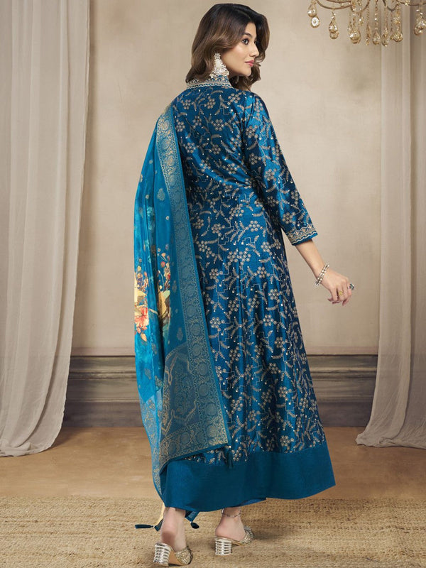 Blue Floral Embroidered V-Neck Anarkali Kurta With Trousers & Dupatta