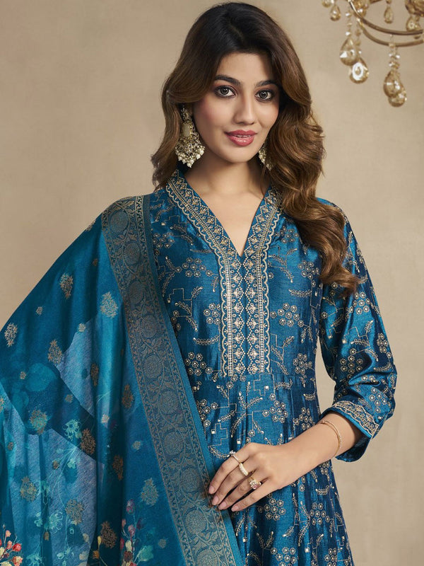 Blue Floral Embroidered V-Neck Anarkali Kurta With Trousers & Dupatta