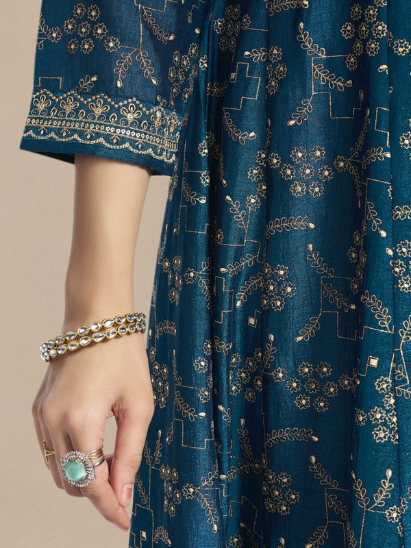 Blue Floral Embroidered V-Neck Anarkali Kurta With Trousers & Dupatta