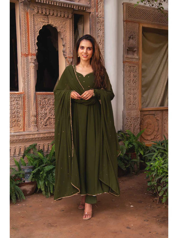 Olive Devaki Anarkali with Pant and Dupatta (Set of 3)