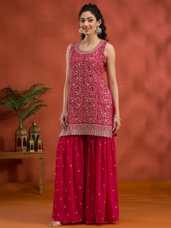 Rani Pink Silver Zari Work Georgette Readymade Kurta with Sharara & Dupatta (Set of 3)