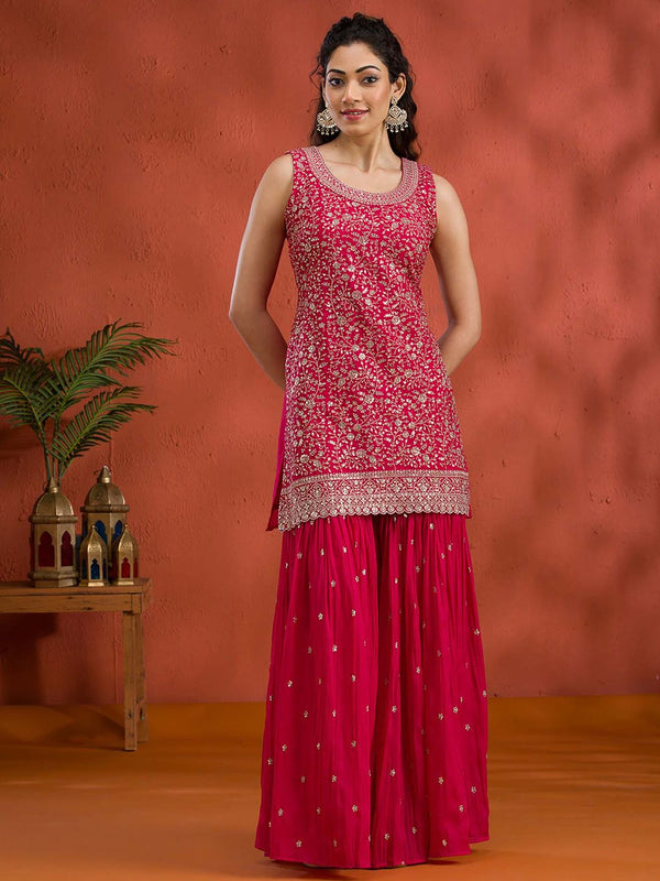 Rani Pink Silver Zari Work Georgette Readymade Kurta with Sharara & Dupatta (Set of 3)