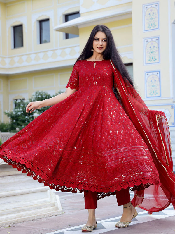 Maroon Chikankari Embroidery Anarkali kurta, Pant (Set of 3)