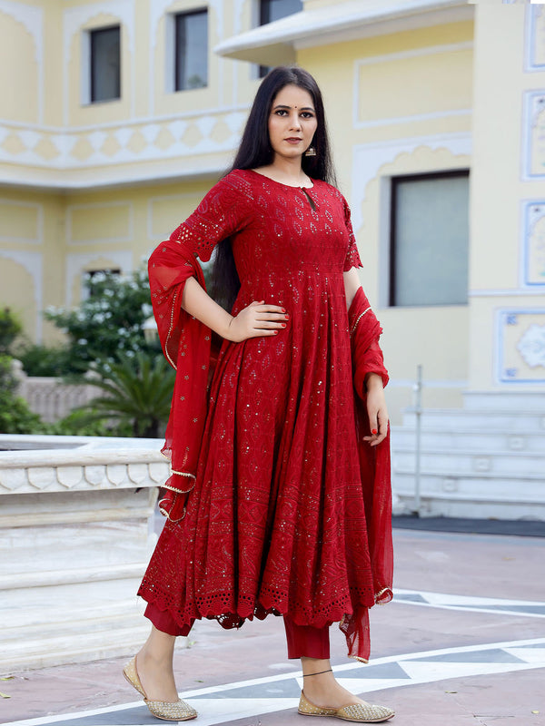 Maroon Chikankari Embroidery Anarkali kurta, Pant (Set of 3)