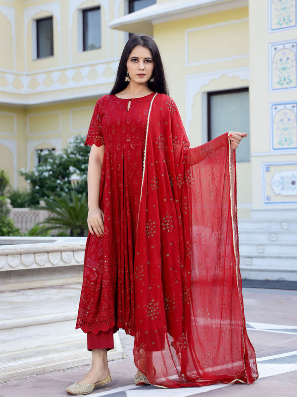 Maroon Chikankari Embroidery Anarkali kurta, Pant (Set of 3)