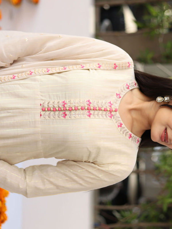 Cream Silk Blend Embroidered Kurta (Set of 3)