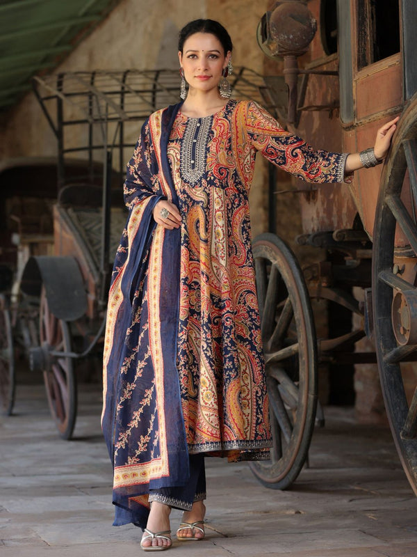 Blue Paisley Printed Kurta with Trousers & Dupatta (Set of 2)